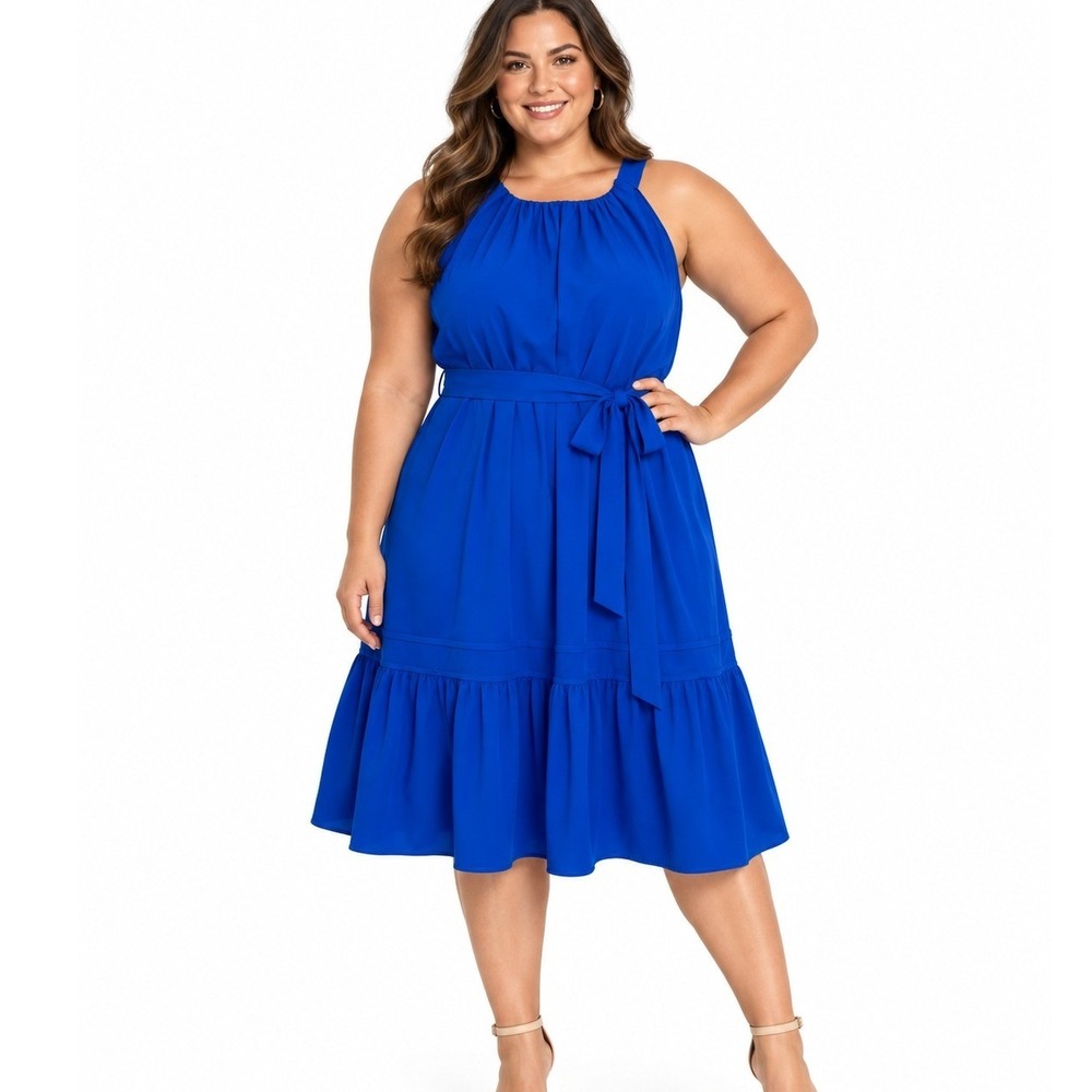Calvin Klein Royal Blue Sleeveless Halter Midi Dress with Ruffle Hem | Size 16